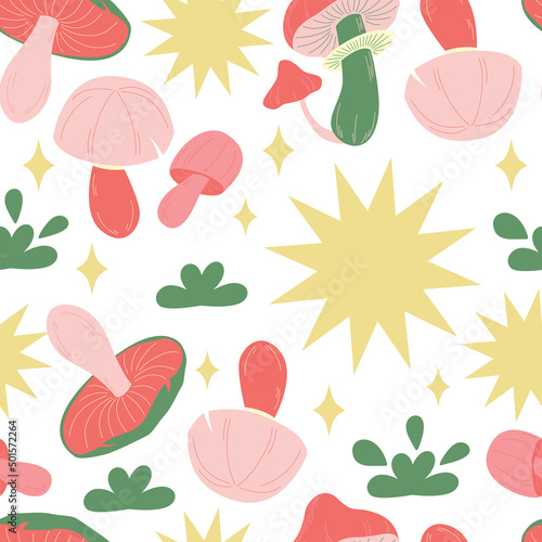 Seamless pattern magic hallucinogenic mushrooms. Fantasy cute elements. Cute cartoon mushrooms on the grass. Modern design print for cloth, wallpaper, decor interior. Hippie style. Vector flat.