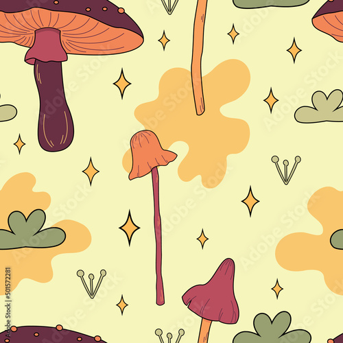 Seamless pattern magic hallucinogenic mushrooms. Fantasy cute elements. Cute cartoon mushrooms on the grass. Modern design print for cloth, wallpaper, decor interior. Hippie style. Vector flat.