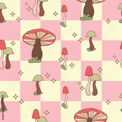 Seamless pattern magic hallucinogenic mushrooms. Fantasy cute elements. Cute cartoon mushrooms on the grass. Modern design print for cloth, wallpaper, decor interior. Hippie style. Vector flat.