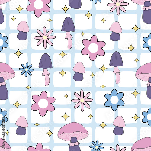 Seamless pattern magic hallucinogenic mushrooms. Fantasy cute elements. Cute cartoon mushrooms on the grass. Modern design print for cloth, wallpaper, decor interior. Hippie style. Vector flat.