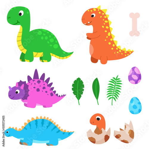 Big set of funny cartoon dinosaurs  cute illustration in flat style. 4 colorful dinos  baby  eggs and palm leaves. Colorful print for clothes  books  textile  decor. Illustration for kids  children. 