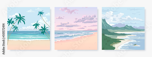 Set of vector landscape background. Beautiful illustration of sandy summer beach. Summer holidays poster or banner design template