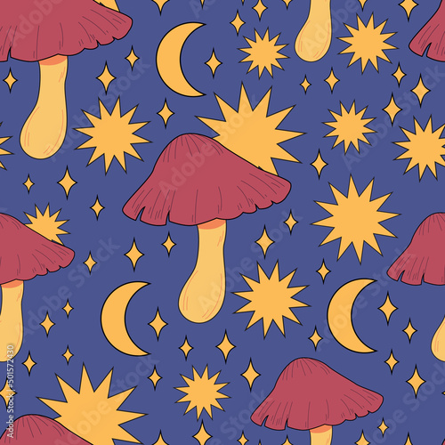 Seamless pattern magic hallucinogenic mushrooms. Fantasy cute elements. Cute cartoon mushrooms on blue, stellar. Modern design print for cloth, wallpaper, decor interior. Hippie style. Vector flat.