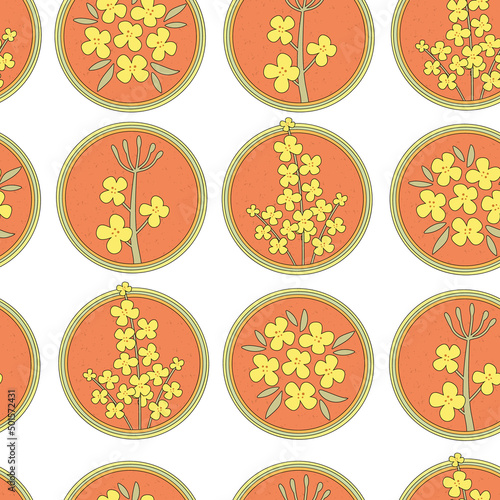Canola flower seamless pattern. Yellow hand-drawn bright rape flowers. Blooming design elements for postcards, banners, wallpaper, textile. Beautiful print in a flat style.