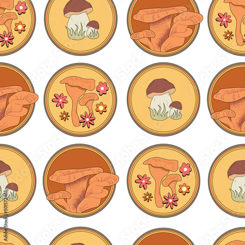 Seamless pattern of a chanterelle,porcini mushrooms. Hand-drawn on a white isolated background. Realistic edible mushroom. Modern design for wallpaper, print, paper. Cartoon mushrooms with flowers.