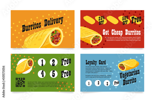 Bundle get cheap burritos loyalty card template vector Mexican fast food delivery service