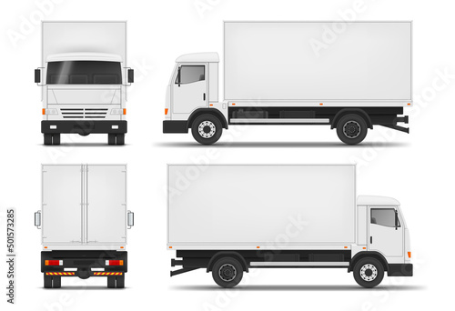 Collection realistic light truck front back and side view vector lorry van with box cargo logistic photo