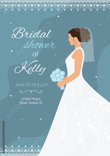 Bridal shower invitation card. Bride in wedding dress with bouquet of flowers on blue pastel background. Invite template. Marriage concept. Vector illustration