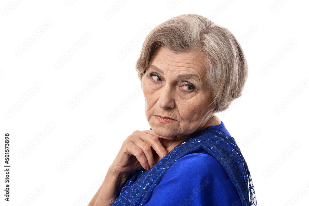 Happy smiling elder woman in elegant dress isolated