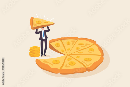 Financial or Money management, Mutual funds, return on investment, financial consolidation, budget planning, income growth concept. Businessman holding a slice of pizza with money coin face on topping