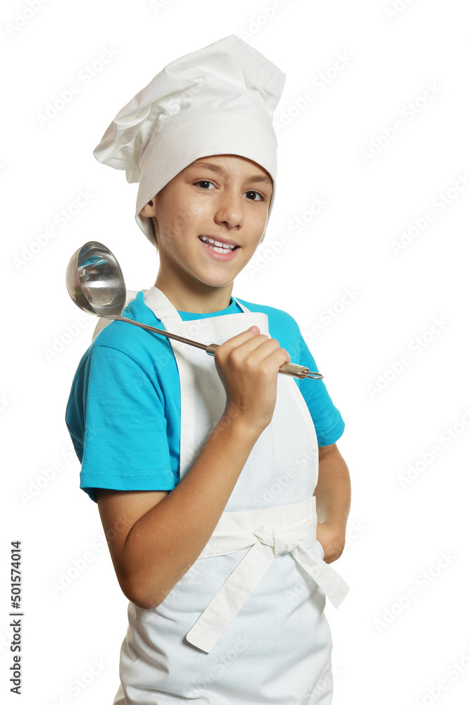 Portrait of little boy wearing chef uniform on white background Portrait of little boy wearing chef uniform on white background