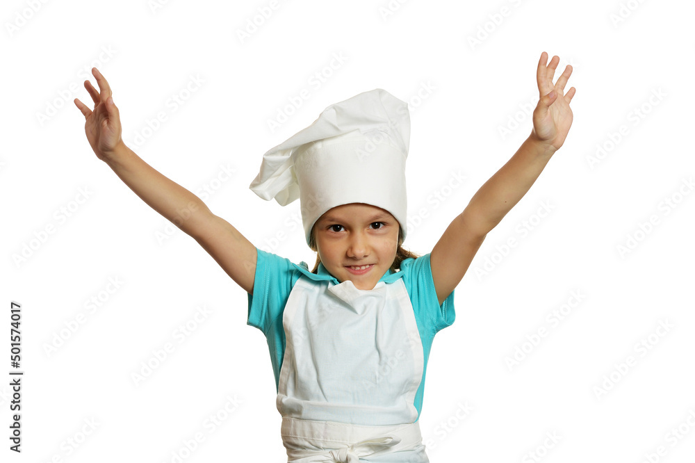 Portrait of little girl wearing chef uniform on white background Portrait of little girl wearing chef uniform on white background