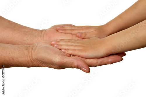 Grandmothers hands with little girl hands isolated on white background