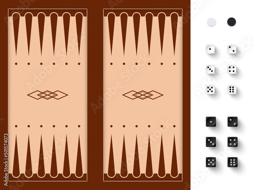 Foto Backgammon brown board to play traditional game, dices from one to six dots, woo