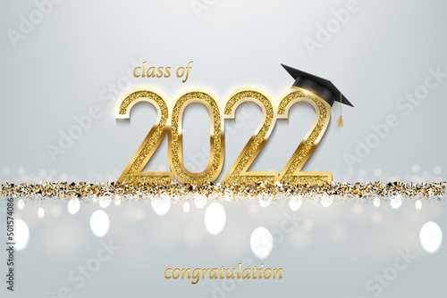 2022 graduation ceremony banner. Award concept with academic hat, golden numbers and text on festive background