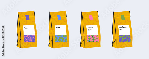 Set of coffee packaging from different regions like ethiopia, colombia, kenya, brazil. Arabica or robusta pack with various labels  pattern design. Hand drawn brand vector mockup. All items isolated