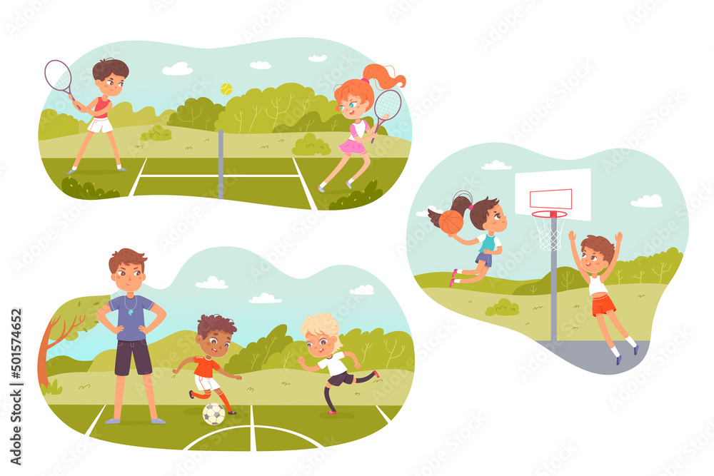 Summer sport camp for children set, boys and girls play tennis, soccer and basketball Summer sport camp for children set, boys and girls play tennis, soccer and basketball