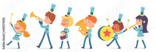 Parade of cute band of marching kids in uniform set, girls and boys play festival music