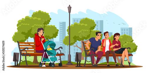 People sitting on benches in public summer city park, woman holding pram with baby