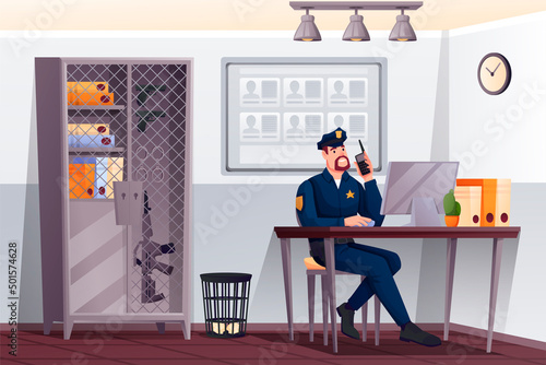 Policeman officer detective in uniform working on computer sitting at table. Crime investigation at police station department. Law enforcement worker at workplace. Profession, occupation. Vector.