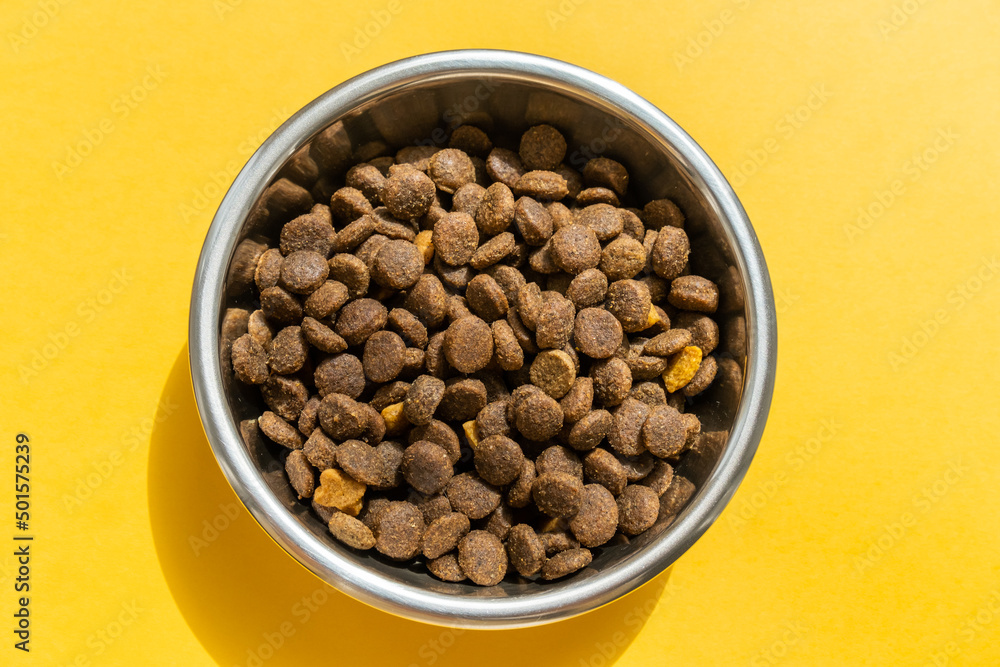 Kibble in pet bowl on the yellow background, close up image Kibble in pet bowl on the yellow background, close up image