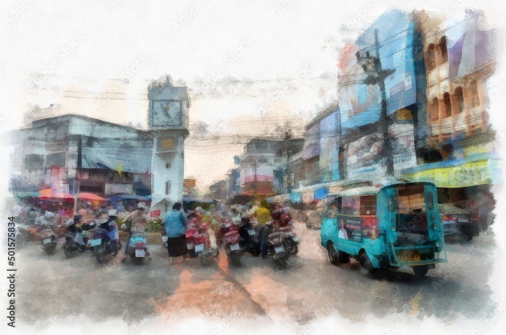 Fototapeta premium Landscape of commercial districts and markets of the city center in the provinces of Thailand watercolor style illustration impressionist painting.
