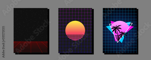 Background collection. Retrowave, synthwave, rave, vapor wave party background. Retro, vintage 80s, 90s style. Black, purple, pink, blue colors. Print, wallpaper, web template. Futurism vector.