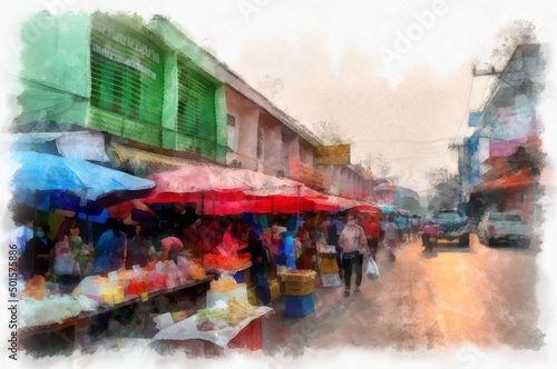 Landscape of commercial districts and markets of the city center in the provinces of Thailand watercolor style illustration impressionist painting. © Kittipong