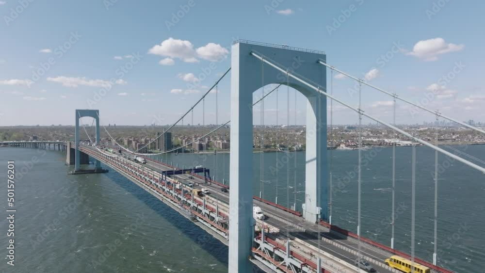 flying clockwise view of Throgs Neck Bridge in New York flying clockwise view of Throgs Neck Bridge in New York