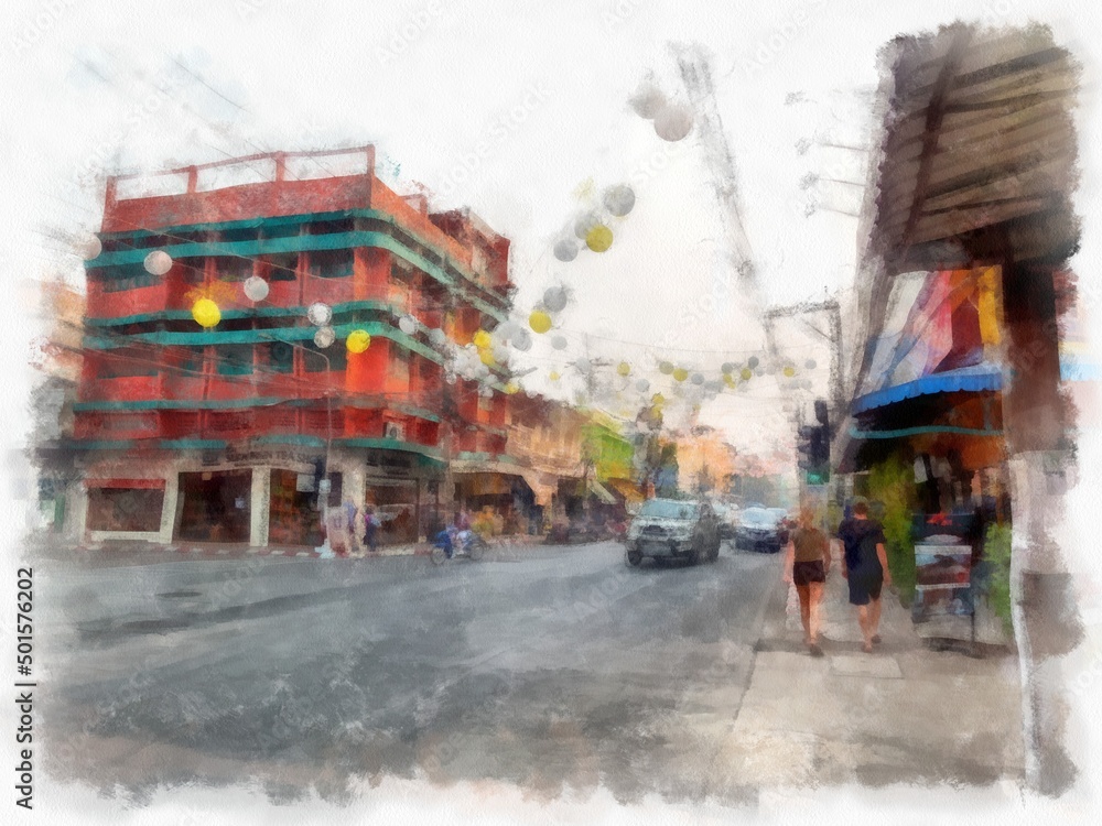 Landscape of commercial districts and markets of the city center in the provinces of Thailand watercolor style illustration impressionist painting.