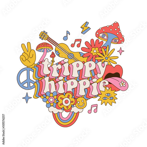 Trippy hippie - Retro 70's psychedelic print with groovy slogan for man and woman graphic tee t shirt or sticker decorated with mushrooms, music, flowers and rainbow. Vector isolated illustration.