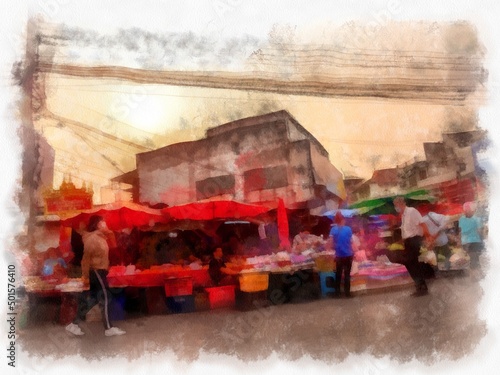Landscape of commercial districts and markets of the city center in the provinces of Thailand watercolor style illustration impressionist painting. © Kittipong