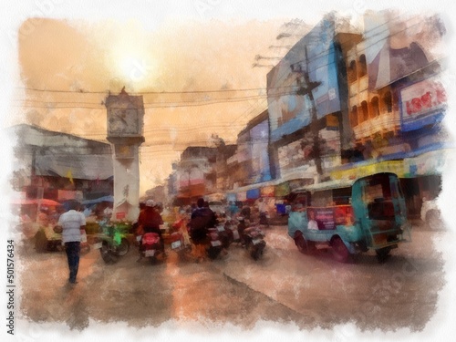 Landscape of commercial districts and markets of the city center in the provinces of Thailand watercolor style illustration impressionist painting.