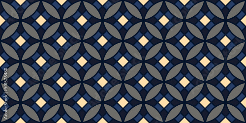 Geometric pattern Japan circle elegant motif dark blue seamless geo background. Abstract round shapes modern geometrical fabric design textile swatch ladies dress, man shirt all over print block.