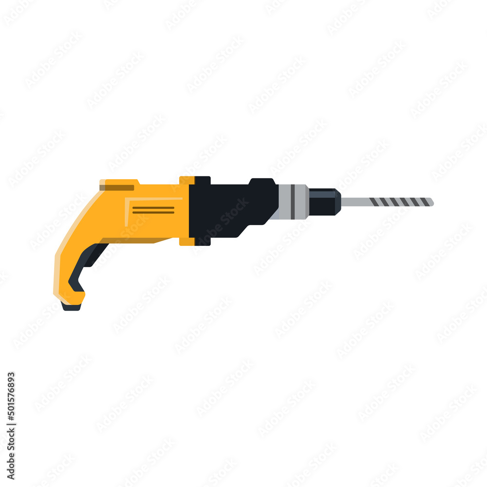 Electric drill. Hand drilling instrument. Perforator icon. Industrial tool for repair and build. Yellow modern equipmen Electric drill. Hand drilling instrument. Perforator icon. Industrial tool for repair and build. Yellow modern equipmen