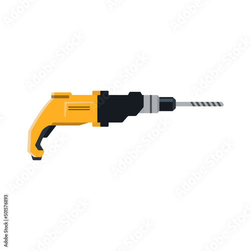 Electric drill. Hand drilling instrument. Perforator icon. Industrial tool for repair and build. Yellow modern equipmen