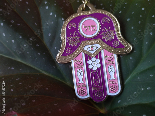 hamsa hand amulet (hand of Fatima or hand of Miriam) on a background of dark green leaves closeup photo