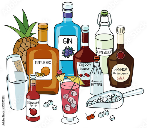 Doodle cartoon Singapore Sling cocktail and ingredients composition. A bottle of gin, triple sec, grenadine syrup, bitter, lime juice and ice scoop. For bar menu, stickers or alcohol cook book recipe