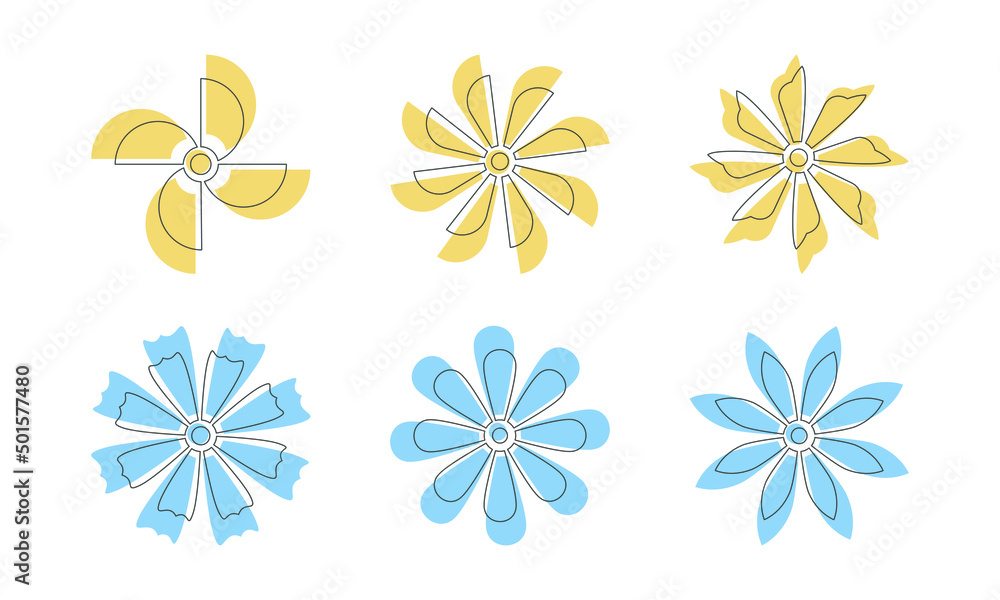 Yellow and blue contour flower icon set simple botanical vector illustration isolated on white. Floral element for print, background, banner or card. Ecology symbol and environment concept.