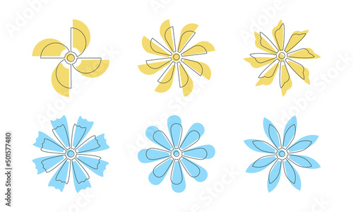 Yellow and blue contour flower icon set simple botanical vector illustration isolated on white. Floral element for print  background  banner or card. Ecology symbol and environment concept.