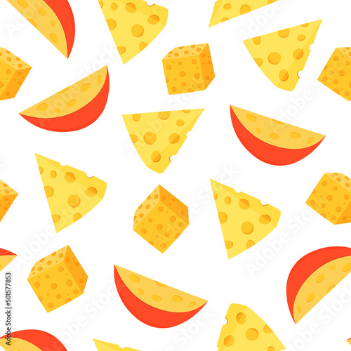 Seamless vector pattern with pieces of different cheese