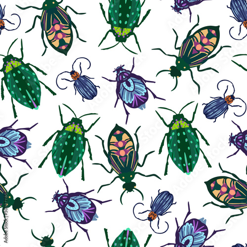 Seamless vector pattern with different colorful beetles