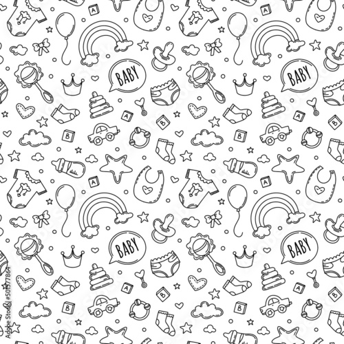 Childrens seamless pattern with cute clothes for kids. Cartoon vector baby print with nipples, rattles and toys.
