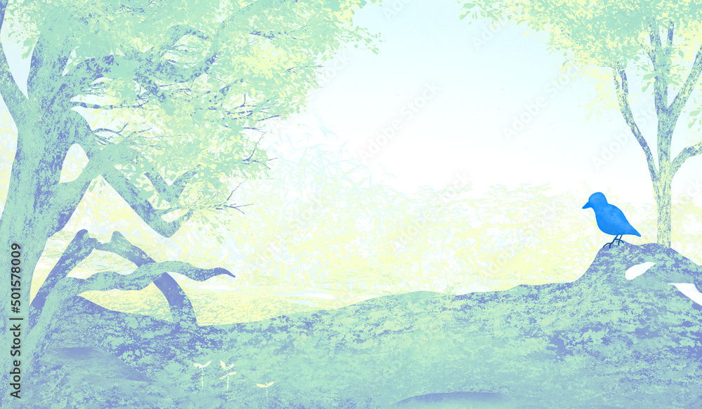 神秘的な霧の森の芽生えとせせらぎ和紙テクスチャ背景イラスト Stock Illustration Adobe Stock