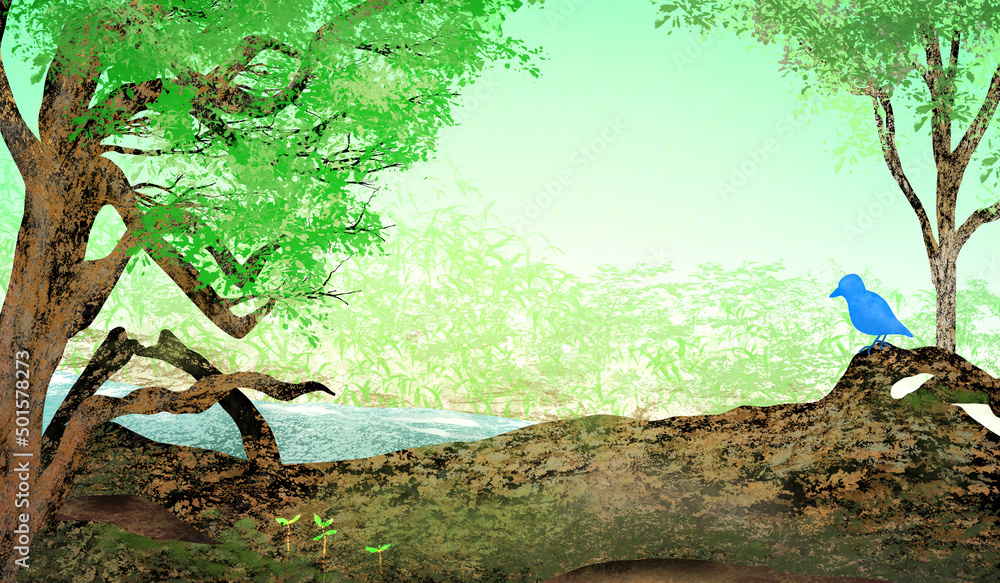 神秘的な霧の森の芽生えと青い鳥和紙テクスチャ背景イラスト Stock Illustration Adobe Stock