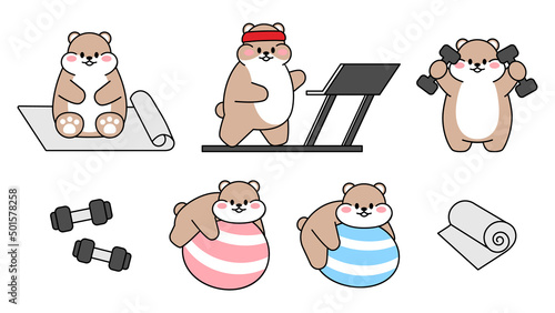 Set of cute drawn hamsters. Kawaii hamster goes in for sports. Collection of avatars mascots funny character animal stickers isolated on white background. Vector stock illustration