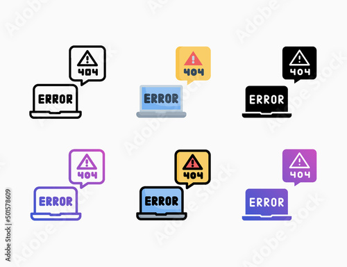 Error 404 page web browser laptop icon set with style line, outline, flat, glyph, color, gradient. Editable stroke and pixel perfect. Can be used for digital product, presentation and more.