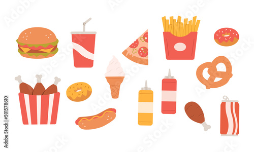 Fast food meal set. Hamburger,beverage,pizza,french fries, glazed donut,fried crispy chicken leg, hotdog, soda, ice cream, mustard, ketchup and pretzel on isolated. Colored flat vector illustration.
