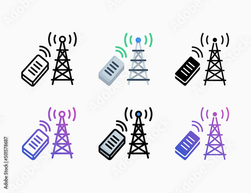 Mobile network tower icon set with style line, outline, flat, glyph, color, gradient. Editable stroke and pixel perfect. Can be used for digital product, presentation, print design and more.