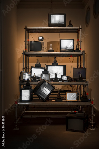artwork a bunch of old televisions broadcasting viewers  images